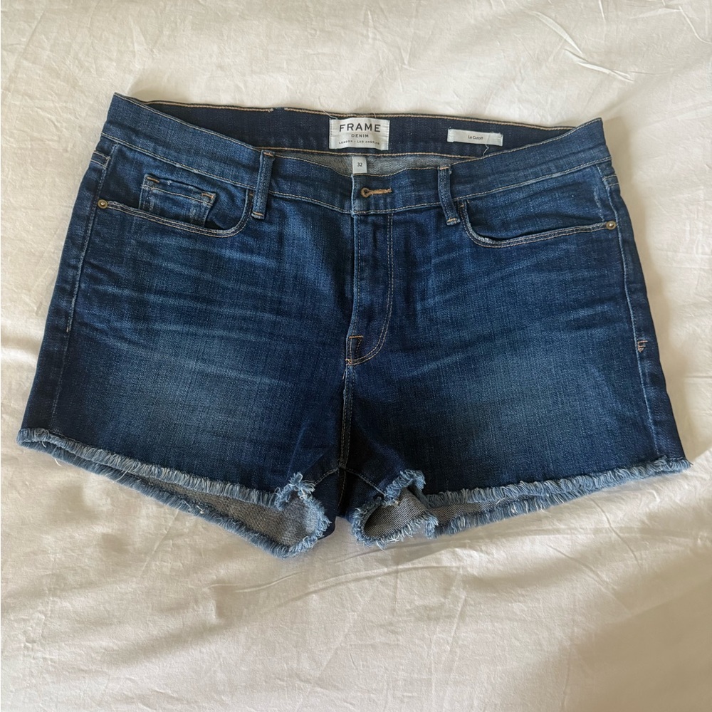 Frame Denim Blue Jean Shorts with Frayed Hem